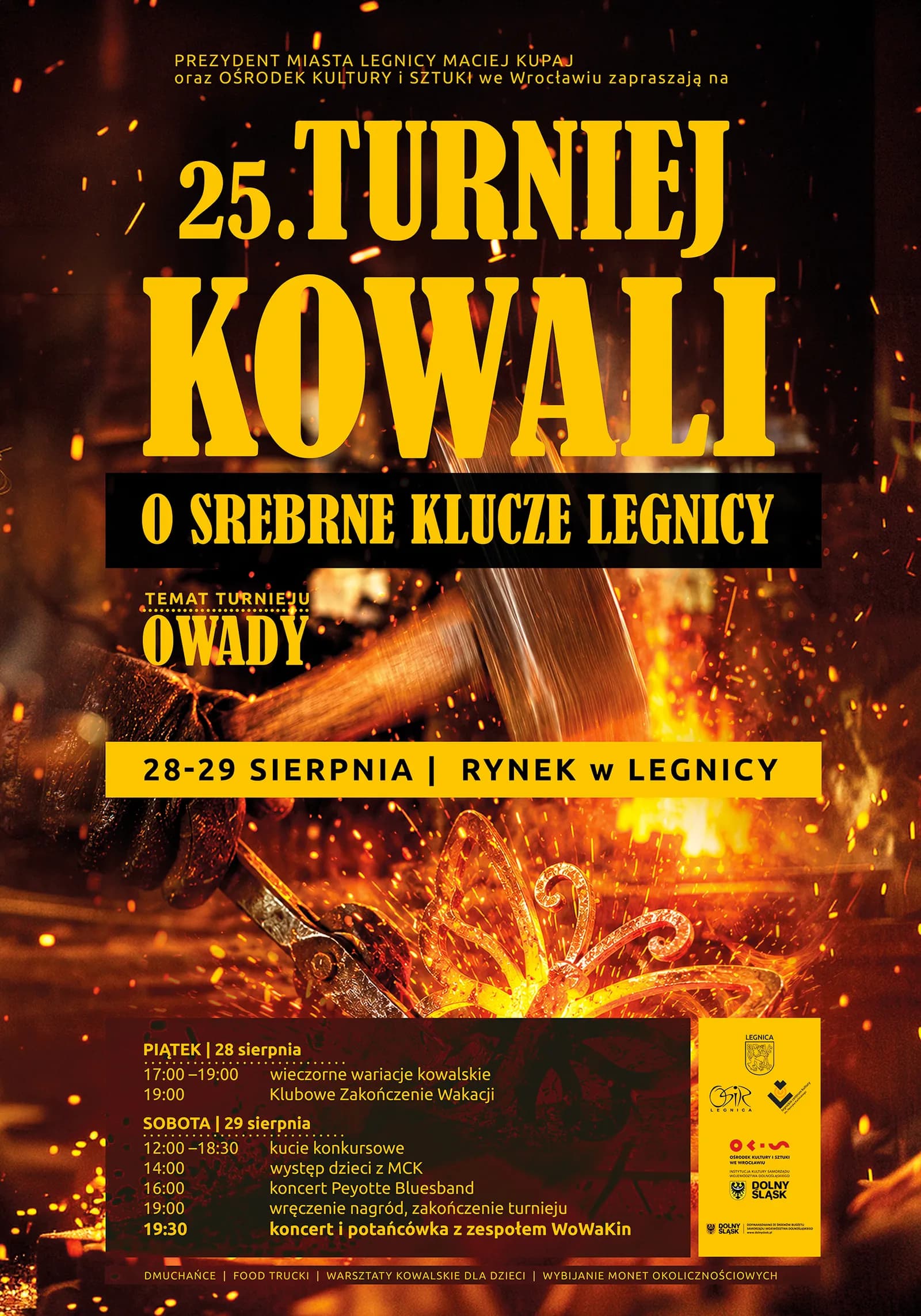 A blacksmith strikes a hot metal butterfly with a hammer, creating a shower of sparks, against a dark background with large yellow text advertising a blacksmithing tournament.